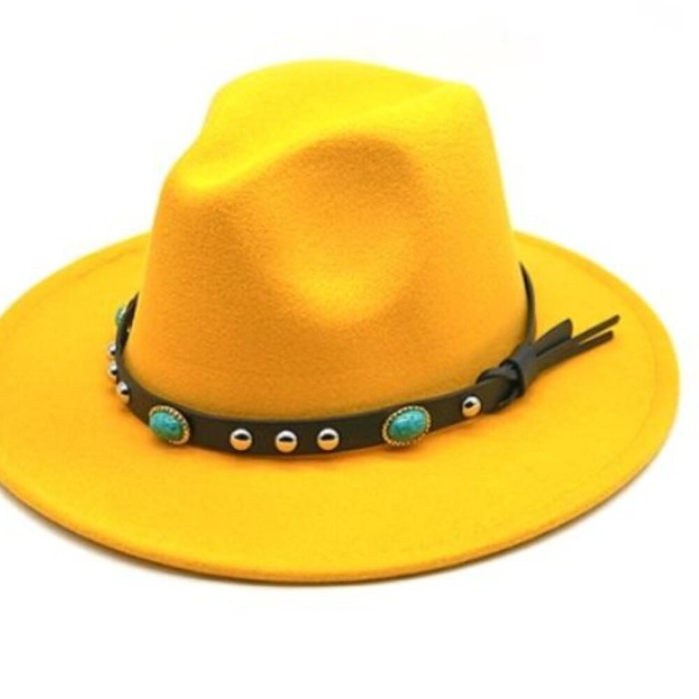 Yellow Wide Brim Fedora Hat Felt Panama Jazz Cap Unisex Men Women Turquoise Stra